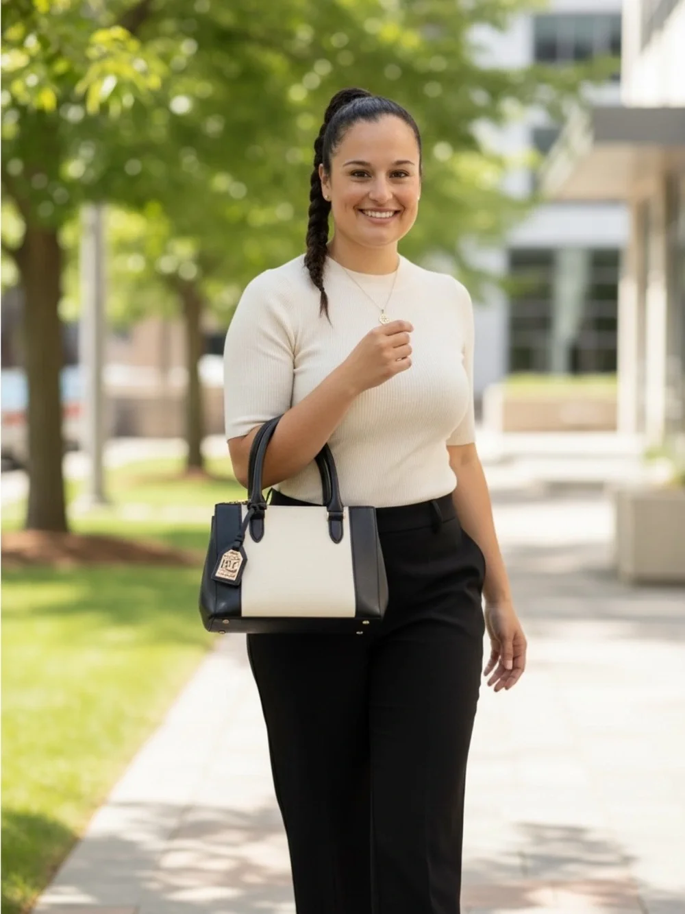 Ralph Lauren Newberey Double Zip Two-Tone Satchel in Black & Vanilla